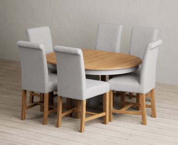 View Extending hertford 100cm - 130cm oak and light grey painted pedestal dining table with 4 grey scroll back chairs View Extending hertford 100cm - 130cm oak and light grey painted pedestal dining table with 4 grey scroll back chairs