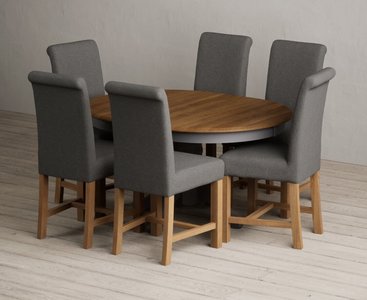 View Extending hertford 100cm - 130cm oak and charcoal grey painted pedestal dining table with 4 grey scroll back chairs View Extending hertford 100cm - 130cm oak and charcoal grey painted pedestal dining table with 4 grey scroll back chairs
