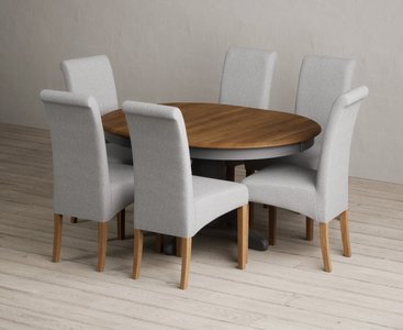 View Extending hertford 100cm - 130cm oak and charcoal grey painted pedestal dining table with 4 grey scroll back chairs View Extending hertford 100cm - 130cm oak and charcoal grey painted pedestal dining table with 4 grey scroll back chairs