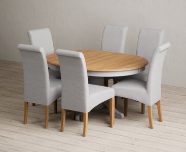 View Extending hertford 100cm - 130cm oak and light grey painted pedestal dining table with 4 grey scroll back chairs View Extending hertford 100cm - 130cm oak and light grey painted pedestal dining table with 4 grey scroll back chairs