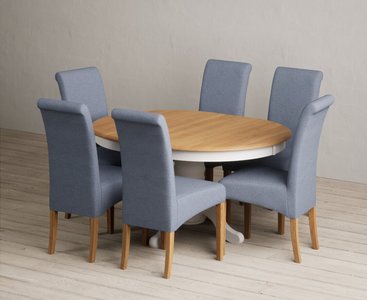 View Extending hertford 100cm - 130cm oak and soft white painted pedestal dining table with 6 blue scroll back chairs View Extending hertford 100cm - 130cm oak and soft white painted pedestal dining table with 6 blue scroll back chairs
