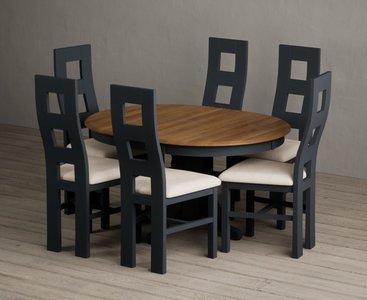 View Extending hertford 100cm - 130cm oak and dark blue painted pedestal dining table with 6 blue painted chairs View Extending hertford 100cm - 130cm oak and dark blue painted pedestal dining table with 6 blue painted chairs