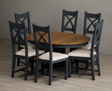 View Extending hertford 100cm - 130cm oak and dark blue painted pedestal dining table with 6 blue painted chairs View Extending hertford 100cm - 130cm oak and dark blue painted pedestal dining table with 6 blue painted chairs