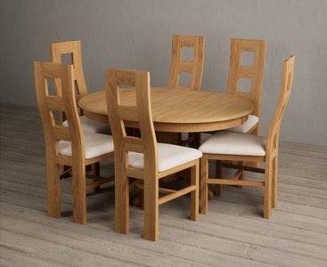 View Extending hertford 100cm - 130cm solid oak pedestal dining table with 6 oak natural chairs View Extending hertford 100cm - 130cm solid oak pedestal dining table with 6 oak natural chairs