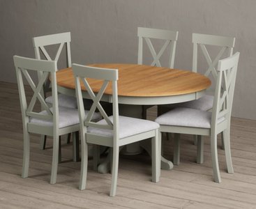 View Extending hertford 100cm - 130cm oak and soft green painted pedestal dining table with 6 light grey hertford chairs View Extending hertford 100cm - 130cm oak and soft green painted pedestal dining table with 6 light grey hertford chairs