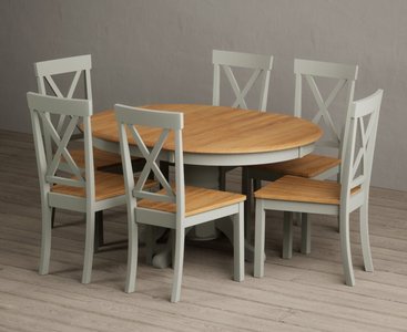 View Extending hertford 100cm - 130cm oak and soft green painted pedestal dining table with 6 light grey hertford chairs View Extending hertford 100cm - 130cm oak and soft green painted pedestal dining table with 6 light grey hertford chairs