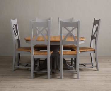 View Extending hertford 100cm - 130cm oak and light grey painted pedestal dining table with 4 light grey natural solid oak chairs View Extending hertford 100cm - 130cm oak and light grey painted pedestal dining table with 4 light grey natural solid oak chairs