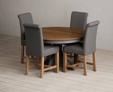 View Hertford 120cm fixed top oak and charcoal grey painted dining table with 4 charcoal grey scroll back chairs View Hertford 120cm fixed top oak and charcoal grey painted dining table with 4 charcoal grey scroll back chairs