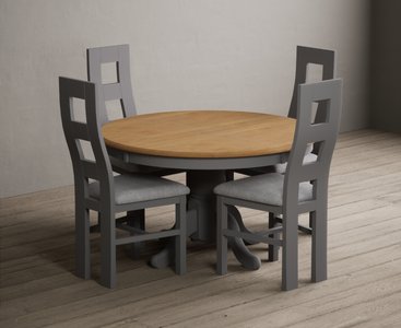 View Hertford 120cm fixed top oak and light grey painted dining table with 4 light grey painted chairs View Hertford 120cm fixed top oak and light grey painted dining table with 4 light grey painted chairs