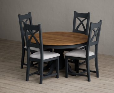 View Hertford 120cm fixed top oak and dark blue painted dining table with 4 blue painted chairs View Hertford 120cm fixed top oak and dark blue painted dining table with 4 blue painted chairs