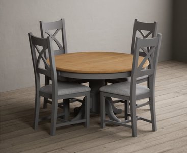 View Hertford 120cm fixed top oak and light grey painted dining table with 6 light grey painted chairs View Hertford 120cm fixed top oak and light grey painted dining table with 6 light grey painted chairs