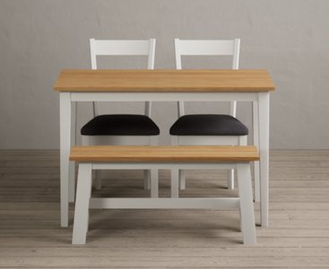 View Kendal 115cm solid oak and signal white painted dining table with 4 blue kendal chairs with 2 white benches View Kendal 115cm solid oak and signal white painted dining table with 4 blue kendal chairs with 2 white benches