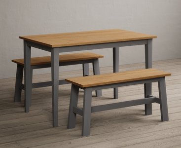 View Kendal 115cm solid oak and light grey painted dining table with 2 oak and grey benches View Kendal 115cm solid oak and light grey painted dining table with 2 oak and grey benches