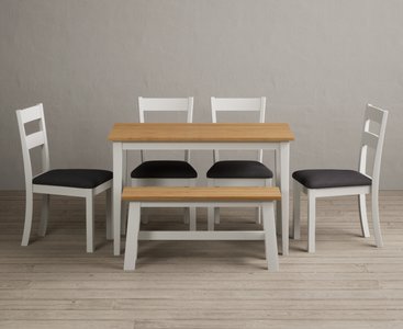View Kendal 115cm solid oak and signal white painted dining table with 4 light grey kendal chairs with 2 oak and white benches View Kendal 115cm solid oak and signal white painted dining table with 4 light grey kendal chairs with 2 oak and white benches
