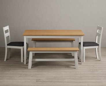 View Kendal 150cm solid oak and signal white painted dining table with 4 light grey kendal chairs with 1 oak and white bench View Kendal 150cm solid oak and signal white painted dining table with 4 light grey kendal chairs with 1 oak and white bench