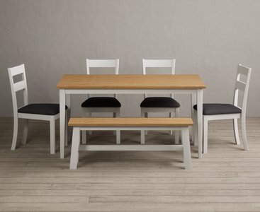 View Kendal 150cm solid oak and signal white painted dining table with 2 blue kendal chairs with 2 white benches View Kendal 150cm solid oak and signal white painted dining table with 2 blue kendal chairs with 2 white benches