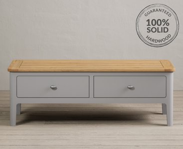 View Loxton oak and light grey painted 4 drawer coffee table View Loxton oak and light grey painted 4 drawer coffee table