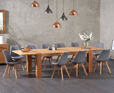 View Sheringham 200cm solid oak dining table with 10 light grey orson chairs with sheringham oak extensions -pair- View Sheringham 200cm solid oak dining table with 10 light grey orson chairs with sheringham oak extensions -pair-