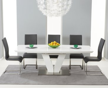View Extending palermo 180cm white high gloss dining table with 6 white austin chairs View Extending palermo 180cm white high gloss dining table with 6 white austin chairs