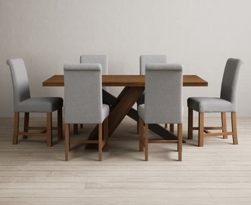View Michigan 180cm rustic oak and metal black leg industrial dining table with 6 brown scroll back chairs View Michigan 180cm rustic oak and metal black leg industrial dining table with 6 brown scroll back chairs