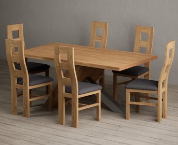 View Michigan 180cm solid oak and metal industrial dining table with 6 light grey natural chairs View Michigan 180cm solid oak and metal industrial dining table with 6 light grey natural chairs