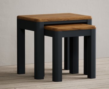 View Pembridge oak and dark blue painted nest of tables View Pembridge oak and dark blue painted nest of tables