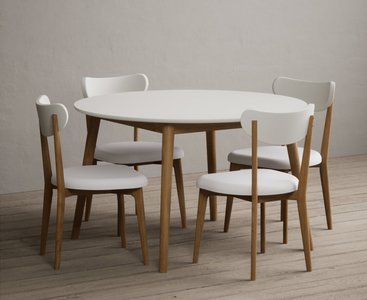 View Nordic 120cm round solid oak and signal white painted dining table with 4 white nordic chairs View Nordic 120cm round solid oak and signal white painted dining table with 4 white nordic chairs