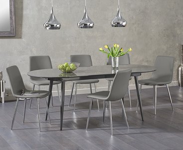 View Extending olivia dark grey high gloss dining table with 8 grey chairs View Extending olivia dark grey high gloss dining table with 8 grey chairs