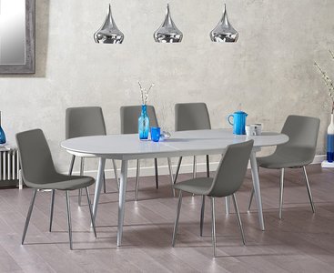 View Extending olivia light grey high gloss dining table with 4 grey chairs View Extending olivia light grey high gloss dining table with 4 grey chairs