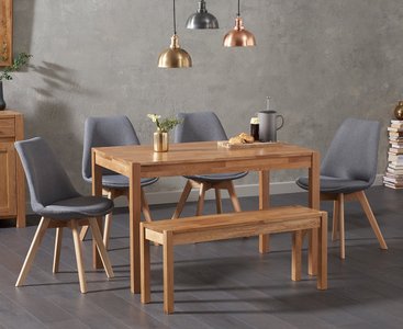 View York 120cm solid oak dining table with 2 light grey orson chairs with 1 oak bench View York 120cm solid oak dining table with 2 light grey orson chairs with 1 oak bench