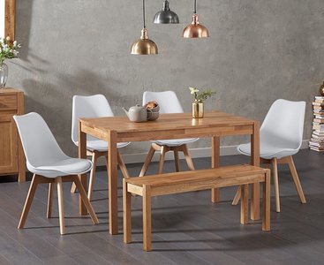 View York 120cm solid oak dining table with 2 white orson chairs with 1 oak bench View York 120cm solid oak dining table with 2 white orson chairs with 1 oak bench