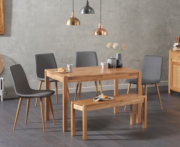 View York 150cm solid oak dining table with 2 grey chairs with 1 oak bench View York 150cm solid oak dining table with 2 grey chairs with 1 oak bench