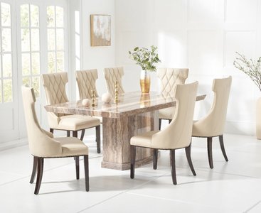 View Carvelle 160cm brown pedestal marble dining table with 4 cream sophia chairs View Carvelle 160cm brown pedestal marble dining table with 4 cream sophia chairs