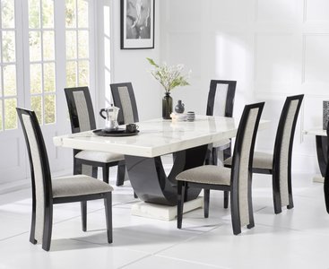 View Novara 200cm white and black pedestal marble dining table with 12 black novara chairs View Novara 200cm white and black pedestal marble dining table with 12 black novara chairs