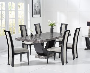 View Novara 200cm dark grey pedestal marble dining table with 12 black novara chairs View Novara 200cm dark grey pedestal marble dining table with 12 black novara chairs