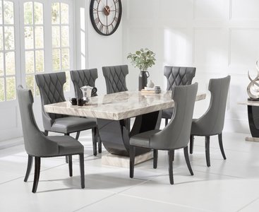 View Novara 200cm cream and black pedestal marble dining table with 8 cream sophia chairs View Novara 200cm cream and black pedestal marble dining table with 8 cream sophia chairs