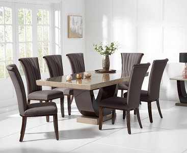 View Novara 200cm brown pedestal marble dining table with 12 cream lorient chairs View Novara 200cm brown pedestal marble dining table with 12 cream lorient chairs