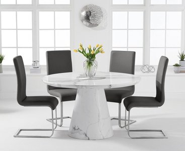 View Ravello 130cm round white marble dining table with 4 black austin chairs View Ravello 130cm round white marble dining table with 4 black austin chairs