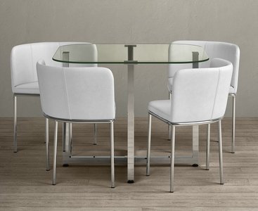 View Rhodes clear glass dining table with 4 white rhodes chairs View Rhodes clear glass dining table with 4 white rhodes chairs