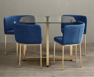 View Rhodes clear glass gold leg dining table with 4 blue rhodes chairs View Rhodes clear glass gold leg dining table with 4 blue rhodes chairs