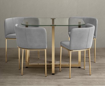 View Rhodes clear glass gold leg dining table with 4 grey rhodes chairs View Rhodes clear glass gold leg dining table with 4 grey rhodes chairs