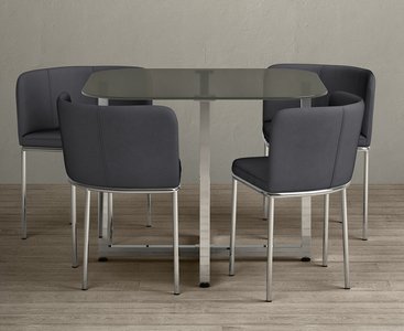 View Rhodes grey glass dining table with 4 grey rhodes chairs View Rhodes grey glass dining table with 4 grey rhodes chairs