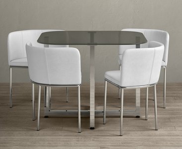 View Rhodes grey glass dining table with 4 white rhodes chairs View Rhodes grey glass dining table with 4 white rhodes chairs