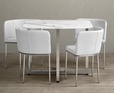 View Rhodes white marble dining table with 4 white rhodes chairs View Rhodes white marble dining table with 4 white rhodes chairs