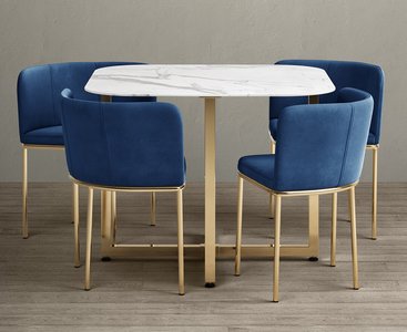 View Rhodes white marble gold leg dining table with 4 blue rhodes chairs View Rhodes white marble gold leg dining table with 4 blue rhodes chairs
