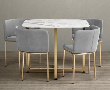 View Rhodes white marble gold leg dining table with 4 grey rhodes chairs View Rhodes white marble gold leg dining table with 4 grey rhodes chairs