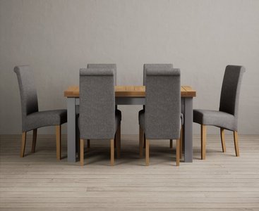 View Extending buxton 140cm oak and light grey painted dining table with 8 grey scroll back chairs View Extending buxton 140cm oak and light grey painted dining table with 8 grey scroll back chairs