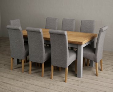 View Extending buxton 180cm oak and light grey painted dining table with 8 grey scroll back chairs View Extending buxton 180cm oak and light grey painted dining table with 8 grey scroll back chairs