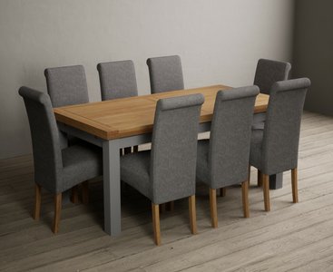 View Extending buxton 180cm oak and light grey painted dining table with 12 brown scroll back chairs View Extending buxton 180cm oak and light grey painted dining table with 12 brown scroll back chairs