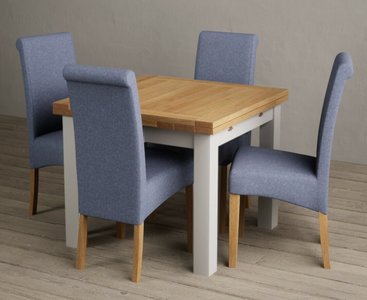 View Extending buxton 90cm oak and soft white painted dining table with 4 blue scroll back chairs View Extending buxton 90cm oak and soft white painted dining table with 4 blue scroll back chairs